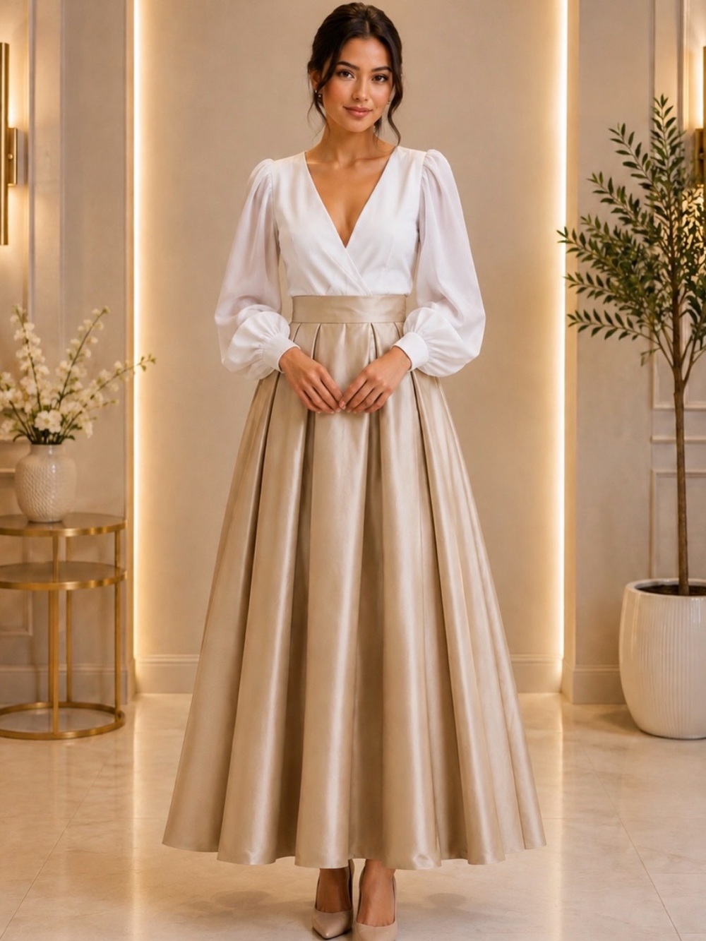 White Bodice and Champagne Maxi Dress